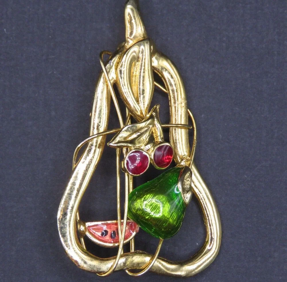 Vintage Pear Brooch Cut out with Enamel Fruit Pin Gold Tone Rhinestone Cherries